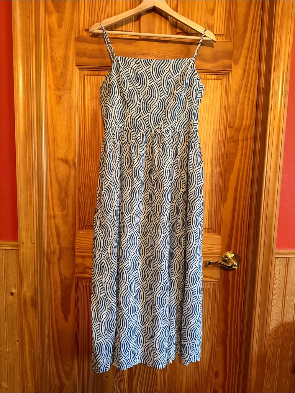 H&M Linen Blend Spaghetti Strap Maxi Dress in Blue & White Wave Print - Picture 1 of 10